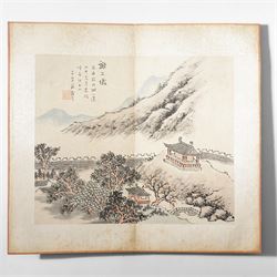 Chinese fold out book, comprising 12 hand-coloured woodblock landscapes each bearing inscription and artists seal  