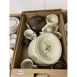 Minton Shalimar pattern tea wares, including teapot, cake plates, cups, saucers and larger plate, together with Paragon Country Lane pattern teawares and Royal Doulton Wild Cherry pattern tea and dinner wares, in three boxes 