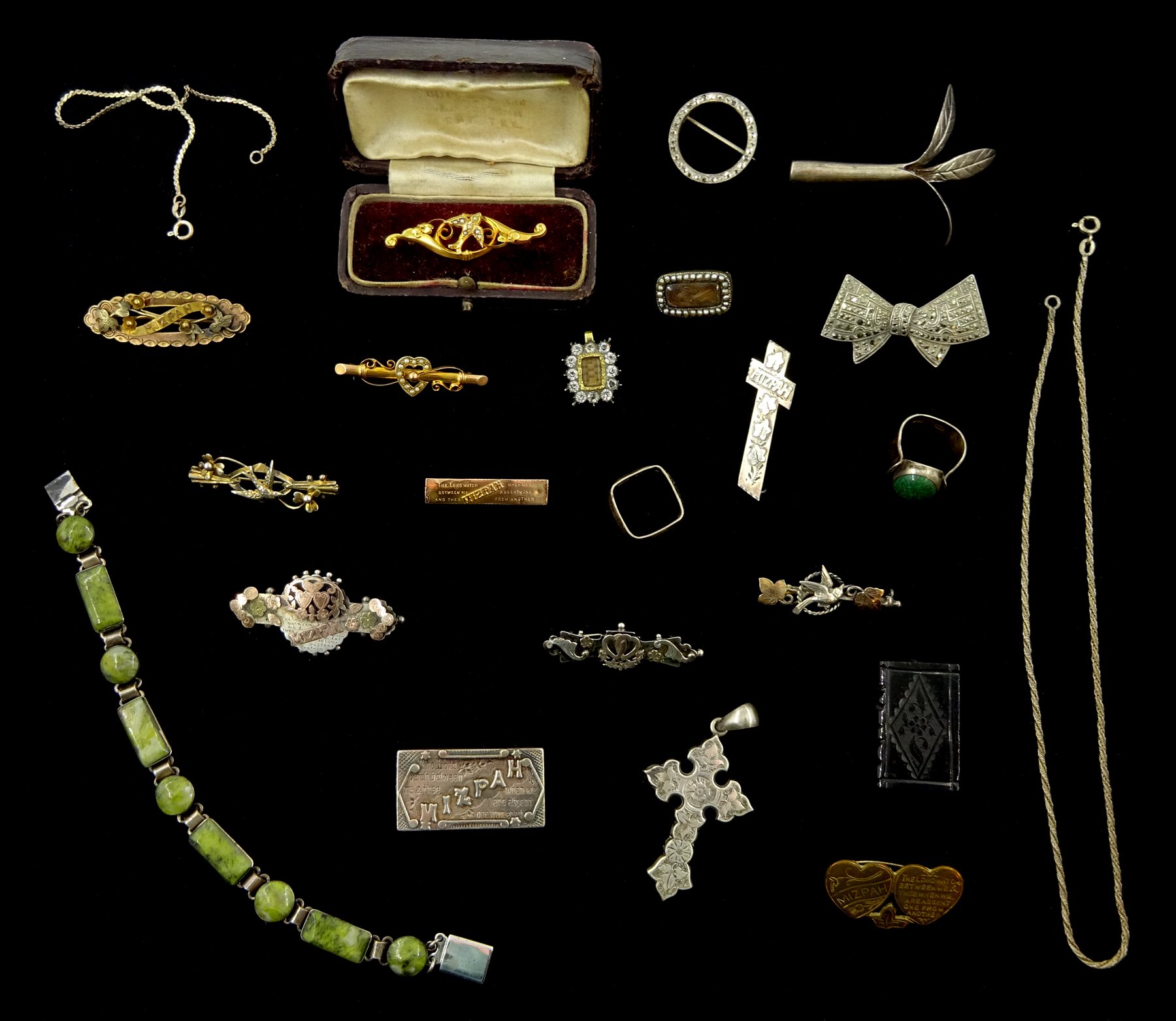 Victorian gold swallow bar brooch, gold heart bar brooch, both set with seed pearls and a gold Mizpah brooch, all 9ct stamped or tested, Georgian paste mourning pendant, Victorian and Edwardian silver brooches and cross pendant, all hallmarked or tested and other vintage jewellery
