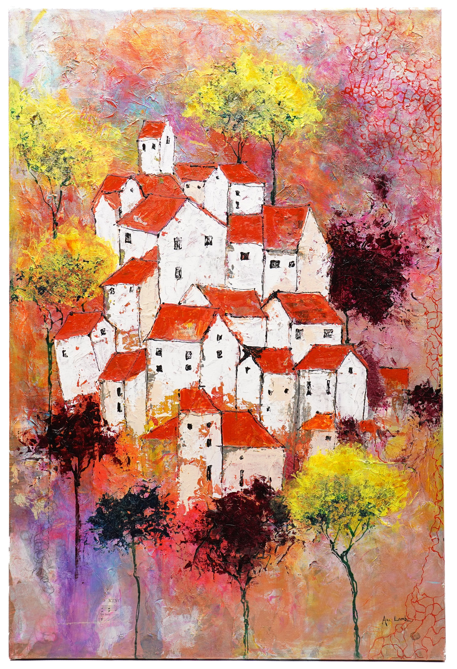 Ann Lamb (British 1955-): Crowded Landscape with Luminous Trees, mixed media on canvas signed 76cm x 50cm (unframed)
