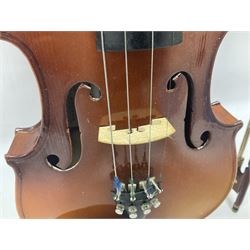 Full size violin with a maple back and ribs, spruce top and ebonised fingerboard, with bow and hard case Length 60cm