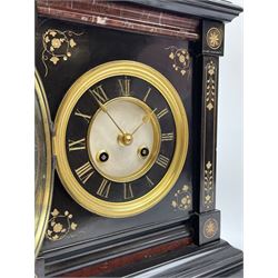Victorian black slate cased mantel clock, with rouge marble, engraved and gilt decoration, circular dial with Roman chapter ring, twin train eight day movement with brocot escapement, striking the hours and halves on bell, the movement back plate stamped 'B.R 39549 498'