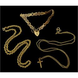 9ct gold jewellery including cross pendant necklace, gate bracelet and rope twist necklace, all hallmarked 