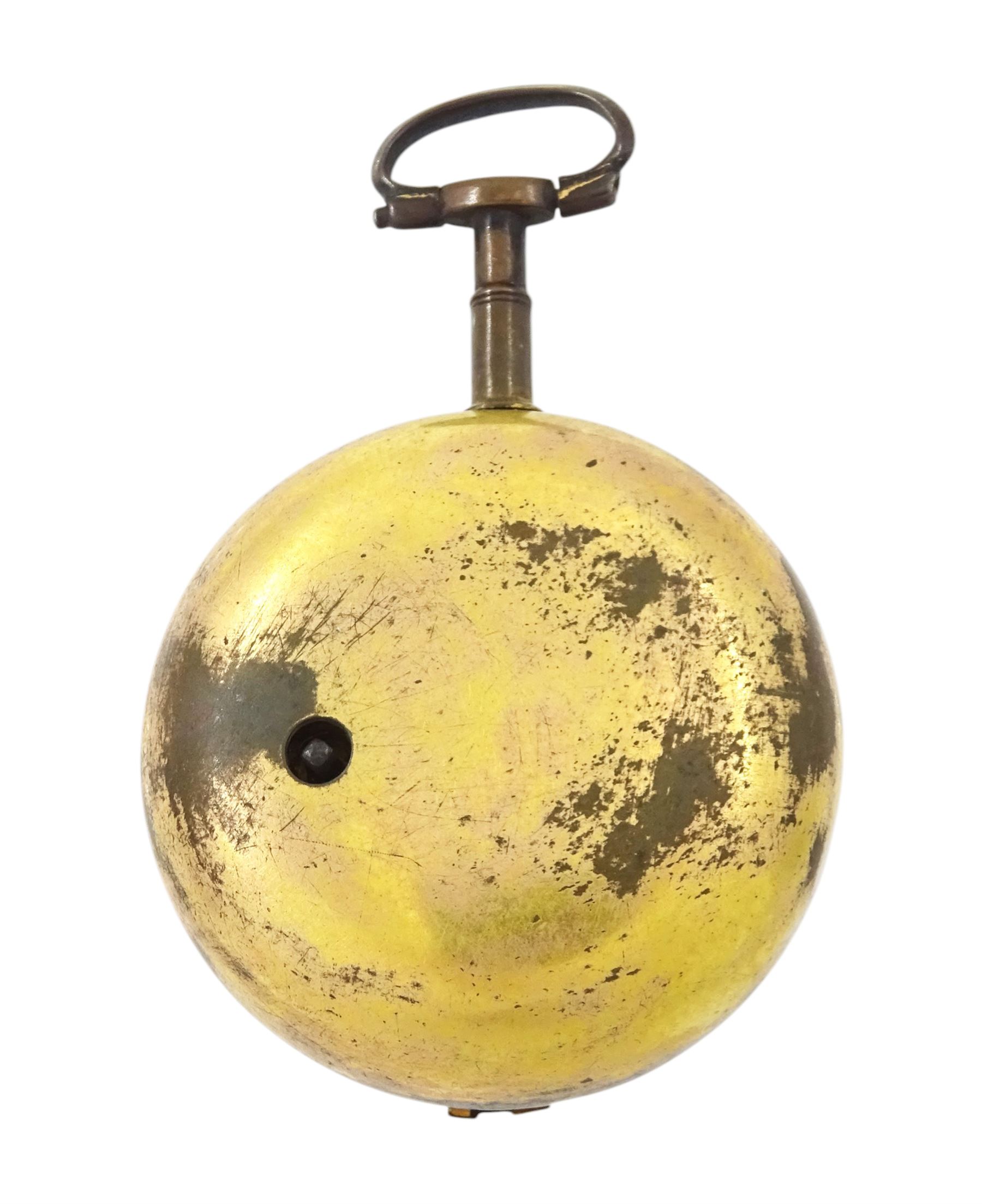 George III gilt and tortoise shell pair cased verge fusee pocket watch by Samuel Corbett, Hadleigh, No. 583, pierced and engraved balance cock, white enamel dial with Roman hours and outer Arabic minute ring, the tortoiseshell outer case painted with fern decoration
