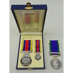  QEII Campaign Service Medal with clasp for South Arabia, engraved to V 4281608, LAC. J.R. McDonald. R.A.F in box of issue and a Pingat Jasa Malaysia medal with miniature in case, (2)  