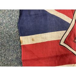 Six flags - White Ensign 180 x 86cm; two Union flags 180 x 86cm and 132 x 62cm; Falklands Islands 153 x 89cm; Yorkshire Rose 153 x 89cm; and QEII 1953 Coronation 84 x 57cm (6)