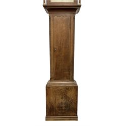 Early 19th century- 30hr oak longcase clock with a swan necked pediment and break arch hood door, trunk with canted corners and a long wavy topped door, on a rectangular plinth with applied skirting, painted dial with gold painted rococo spandrels to the corners and arch, Roman numerals and steel hands, makers name indistinct but retailed in Guisborough, with a rope driven countwheel striking movement, striking the hours on a bell. With weight and pendulum.