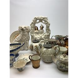 A group of 19th century ceramics, comprising agateware teapot with pewter cover, the body detailed with verse, a further example detailed A Present from Blackpool, large Wedgwood best composition mortar, two copper lustre jugs and a small cup, floral print decorated jug possibly Don Pottery, Gaudy Welsh jug, floral painted mug, Staffordshire nursery plate, teapot, and teacup and saucer, reticulated chestnut basket, Staffordshire bough group, plus a later Staffordshire style dog. (9). 