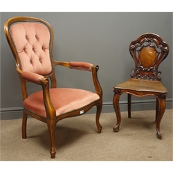  Victorian style armchair, upholstered back, seat and arm rests, shaped front rail, cabriole supports and Victorian mahogany hall chair with carved and pierced back, solid wood seat and cabriole supports  