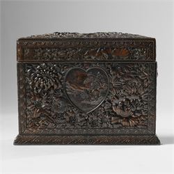 Japanese Meiji period bronze playing card box, decorated with intricate repoussé floral motifs, marked to base