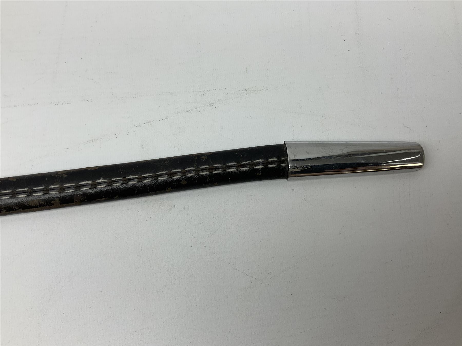 Replica knight's longsword, the 91.5cm double-edged steel blade with basket hilt and wire-bound bone grip with spherical pommel, in leather scabbard L112cm overall