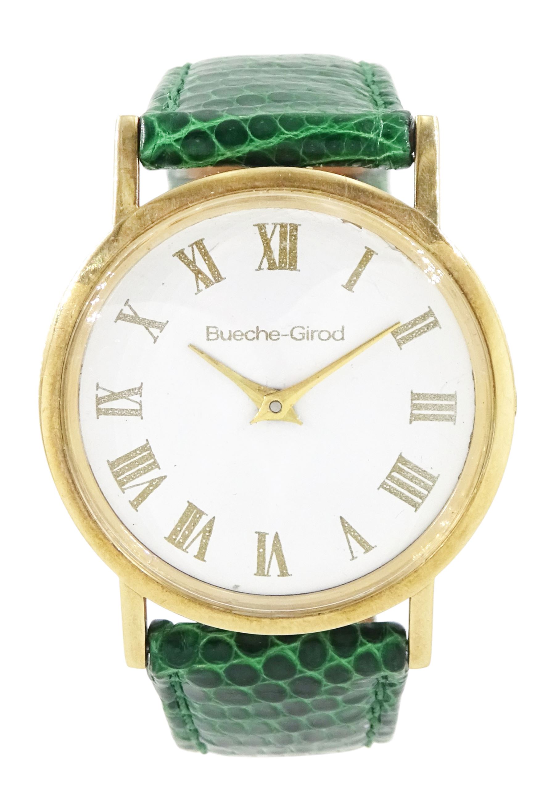 Bueche-Girod 9ct gold, manual wind wristwatch, white dial with Roman numeral hour markers, London 1977, on green leather strap
