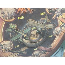 1934 Lindstrom's 'Airways' tin-plate bagatelle game by Lindstrom Tool and Toy Company Bridgeport Conn., the decorative bagatelle board depicting Lindstrom's epic airway routes; with wooden peg and quantity of balls H61cm