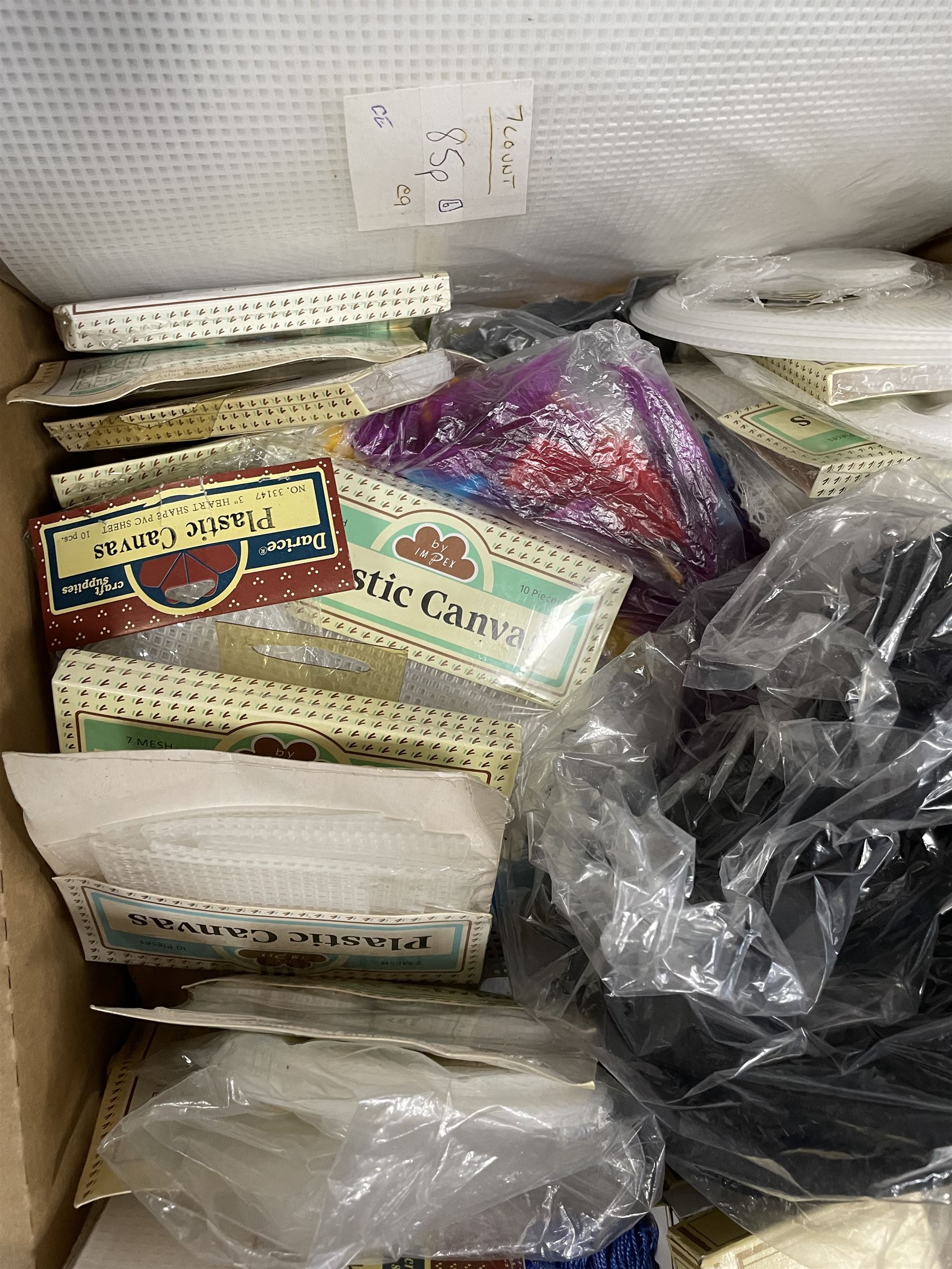 Haberdashery Shop Stock: Reels of Slyko Supreme & Raylon Madeira thread, Creative Craft pompoms and other craft-making supplies, boxes of Anchor Pearl Cotton, perforated plastic canvases etc in three boxes
