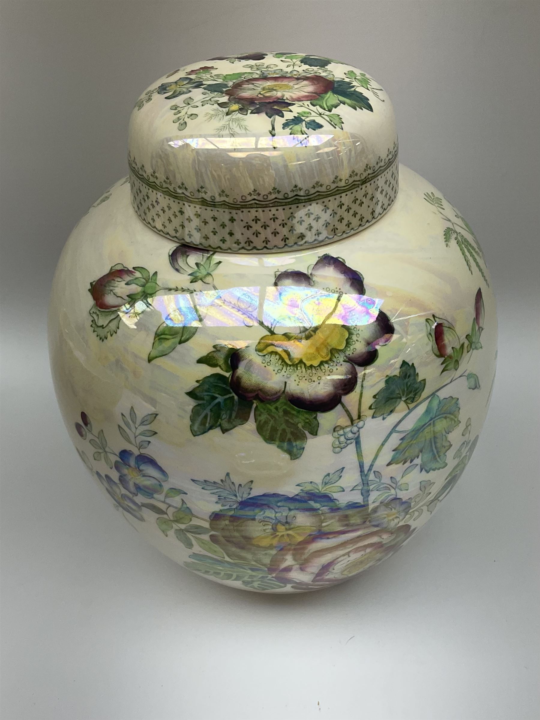 Five pieces of Masons Ironstone 'Paynsley' pattern lustre ware, comprising large ginger jar and cover, footed bowls, two jugs, and pin dish