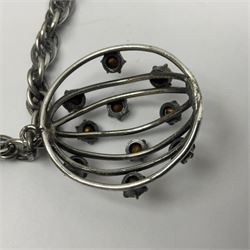 Joseff of Hollywood, circa 1950s metal and white paste necklace, with three graduated pendant drops set with white paste, to a Prince of Wales chain, signed with round script tag