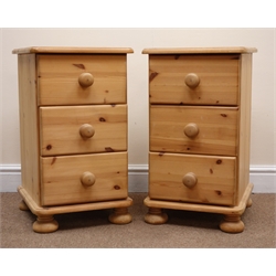  Pair solid pine bedside cabinets, three drawers, bun feet, W36cm, H62cm, D39cm  