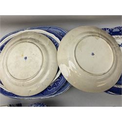 Quantity of blue and white ceramics to include Spode Italian pattern shallow bowl, Booths plate decorated with willow pattern, Wedgwood Jasperware tulip vase, T.G Green Cornish ware lidded storage jar, Delft style ceramics etc in two boxes