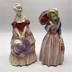 Eight Royal Doulton figures, including The Parisian HN2445, The Favourite HN2249, Miss Demure HN1402 and Harmony HN2824, all with printed mark beneath