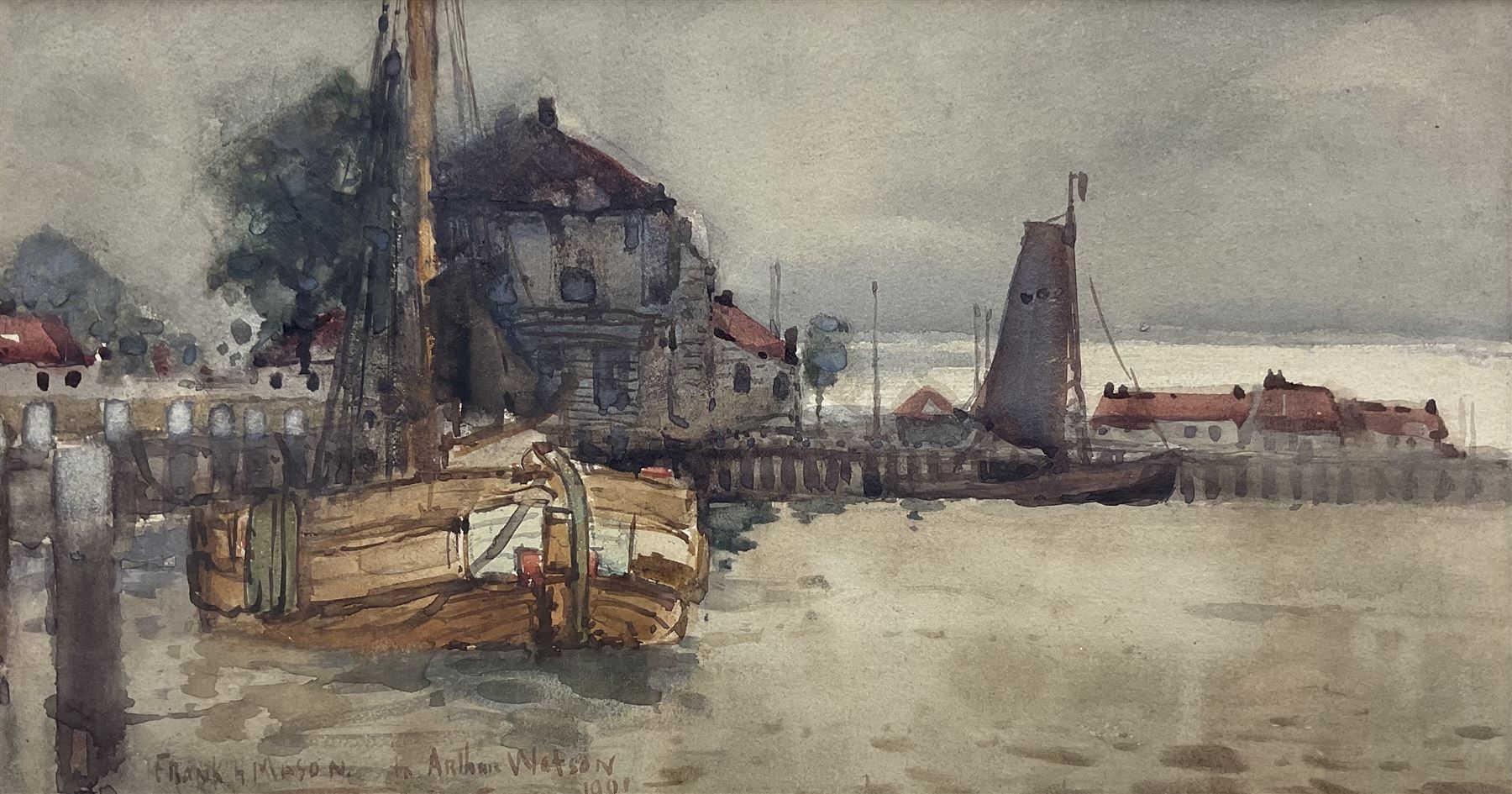 Frank Henry Mason (Staithes Group 1875-1965): 'On the Dutch Coast', watercolour signed and inscribed 'to Arthur Watson 1901', 17cm x 32cm 
Provenance: private collection, exh. Phillips & Sons, The Dower House, Cookham, October 1996, label verso