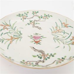 Chinese Guangxu dish, painted with a central peach and bat, with blossoming trees and foliage to the rim, with apocryphal Chenghua mark beneath, D24cm