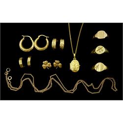 9ct gold jewellery including hoop earrings, signet rings, three leaf clover earrings and chain necklaces