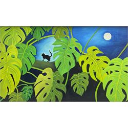 Pat (British 20th century): Black Cat in Full Moon with Swiss Cheese Plant, oil on board signed and dated 1981, 47cm x 79cm