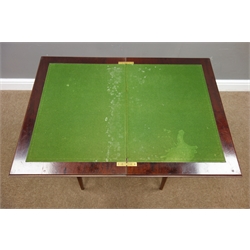  Edwardian mahogany card table, moulded swivel fold over top with satinwood banding, baize lined interior, square tapering splayed supports with stretchers, boxwood stringing, 54cm x 38cm, H73cm  