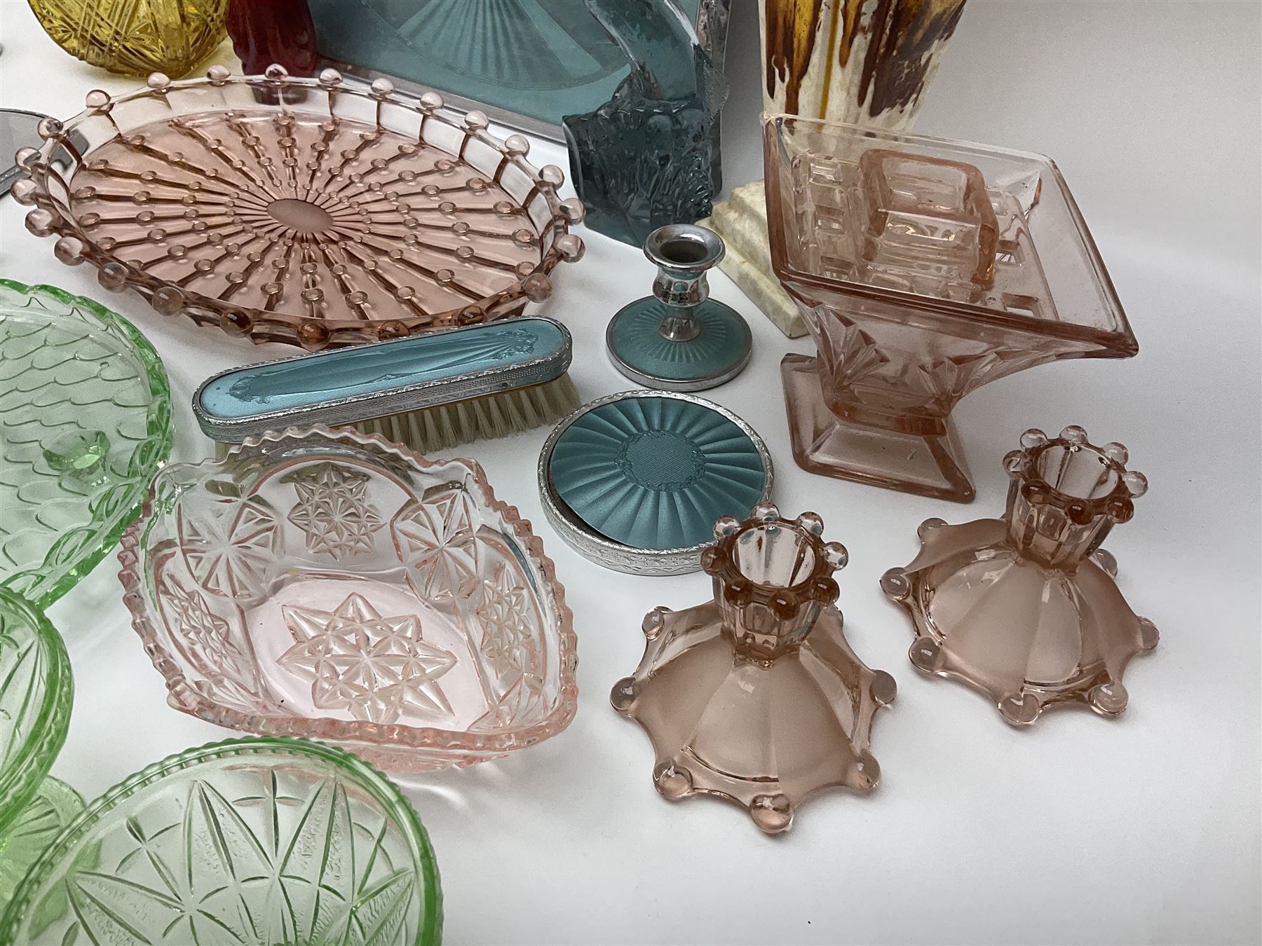 Swedish Svenskt Glass limited edition blue glass salmon, modelled by Paul Hoff, together with two vintage moulded coloured glass dressing table sets with jars and trays, spinning shot glass holder with abstract design glasses and an Art Deco vase, etc 