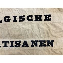 WW2 Belgian Partisan/Resistance two-sided banner embroidered in black on a cream ground 'Belgische Partisanen Korps 032 afd: Ph: De Bruyne' within a Belgian flag border; on wooden pole with gilded metal lion and laurel wreath finial