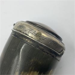 Edwardian Scottish silver mounted rams horn snuff mull, the curled horn with unmarked silver cover, inset with agate slice to centre and engraved James Caruthers, New Abbey 1906 to rim, H8.5cm