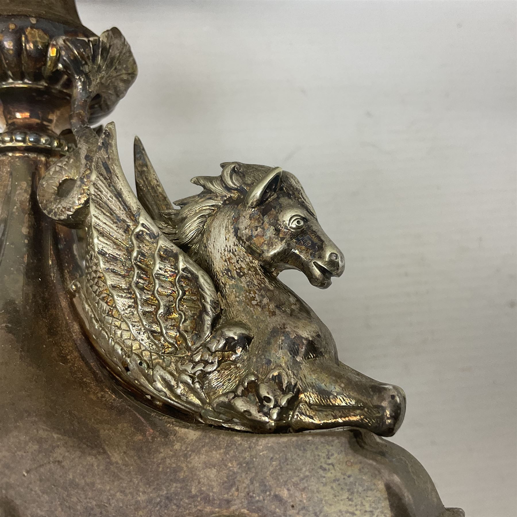 Silver plated centrepiece, with a triform base formed as three Hippocampus with beaded detail, numbered 3682 to the base, H18cm 