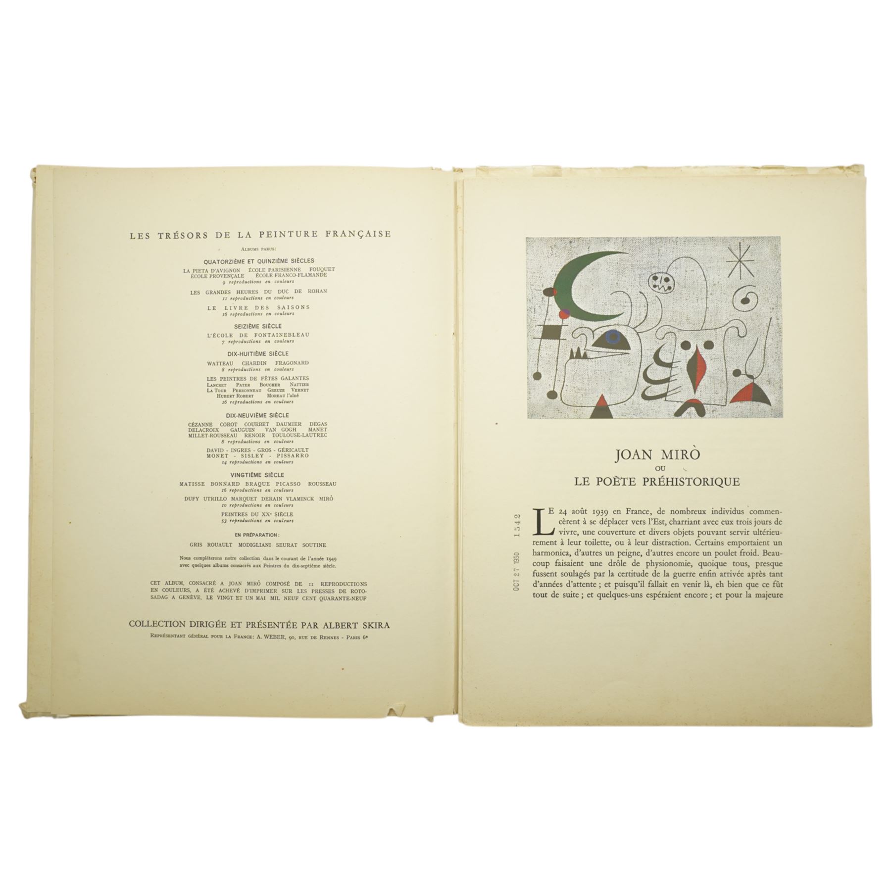 After Joan Miró (Spanish (Catalan) 1893-1983): 'Le Poète Préhistorique', folio containing colour plates pub. by Éditions d’Art Albert Skira, Geneva, circa 1950, from the portfolio 'Les Trésors de la Peinture Française' includes text by Raymond Queneau, deluxe art book with tipped-in colour reproductions 

