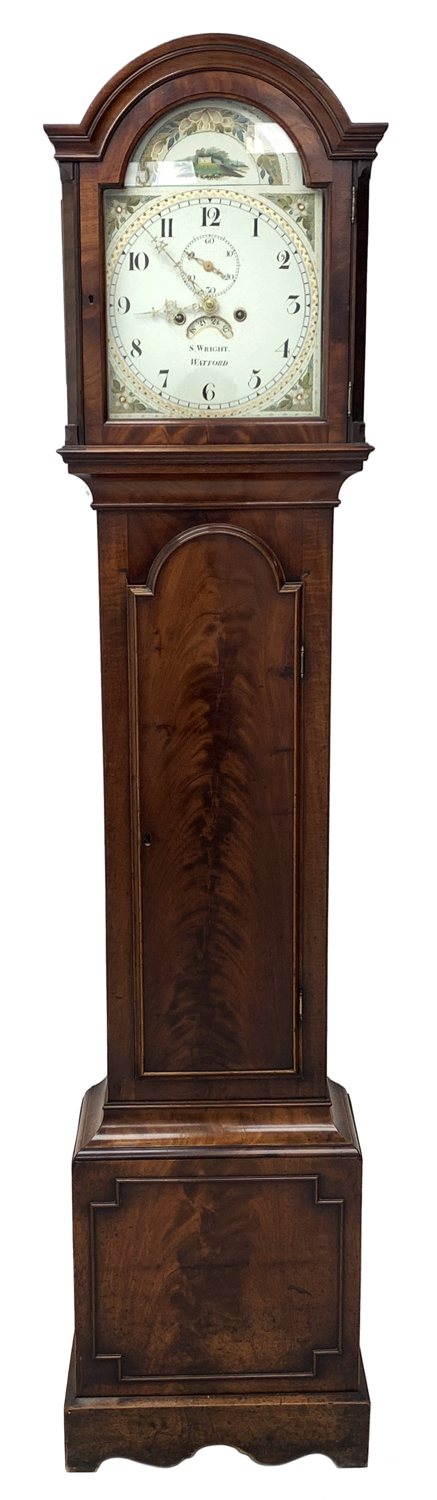 George III mahogany longcase clock, the hood with stepped moulded arch pediment above glazed door, fret work grille to each side, figured trunk door and base, enamel Arabic dial painted with country house scene and floral spandrels signed 'S. Wright, Watford', subsidiary seconds dial and date aperture, eight day movement striking the hours on bell, H212cm (two weights and pendulum)