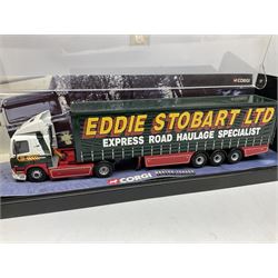 Eddie Stobart - Corgi 75403 Leyland DAF Curtainside lorry as issued in perspex display box; and five Lledo Trackside models including ES1002 two-piece tin-plate depot with AEC Platform lorry, DG150005 Foden S21 Sheeted Trailer, DG186001 ERF LV Flatbed Trailer, DG175002 Scammell Handyman Platform Trailer and DG17606 Leyland 8-Wheel Dropside; all boxed (6)
