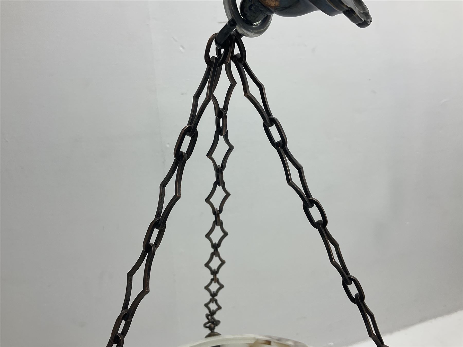 Art Deco style frosted glass marbled fly catcher light shade, suspended by three chains, D31cm