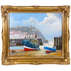Jack Rigg (British 1927-2023): 'Summer Day - Spring Tide' - Kirkcaldy Trawler and Coble in Scarborough Harbour, oil on canvas board signed and dated 2014, titled verso 50cm x 60cm