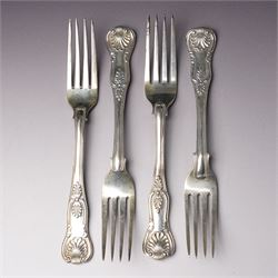 Set of six George IV silver Kings pattern dessert spoons London 1825 Maker Charles Eley  and four 19th century Kings pattern silver dessert forks, various dates