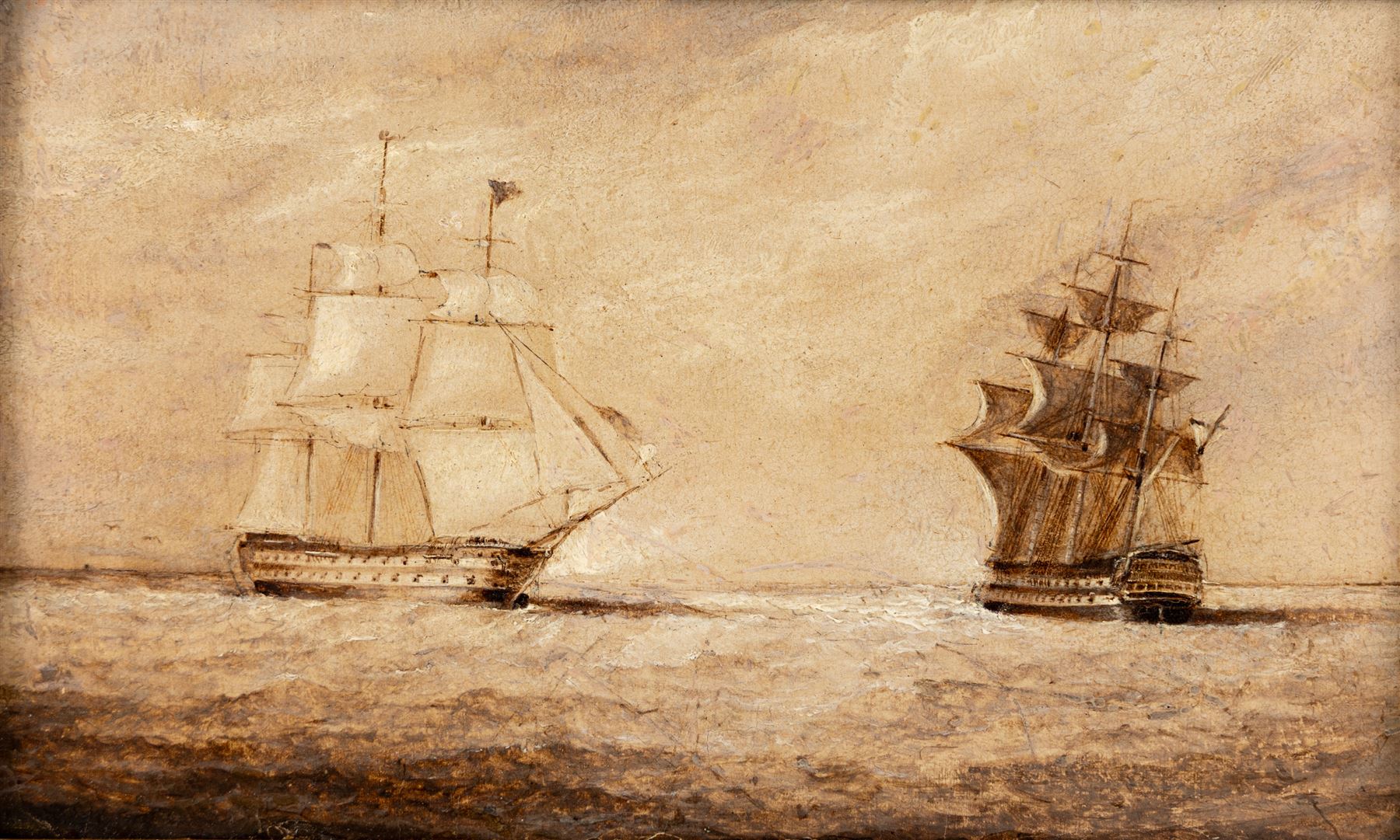Circle of John Ward of Hull (British 1798-1849): British and Dutch Ships at Sea, pair oils on panel unsigned 13cm x 23cm (2)