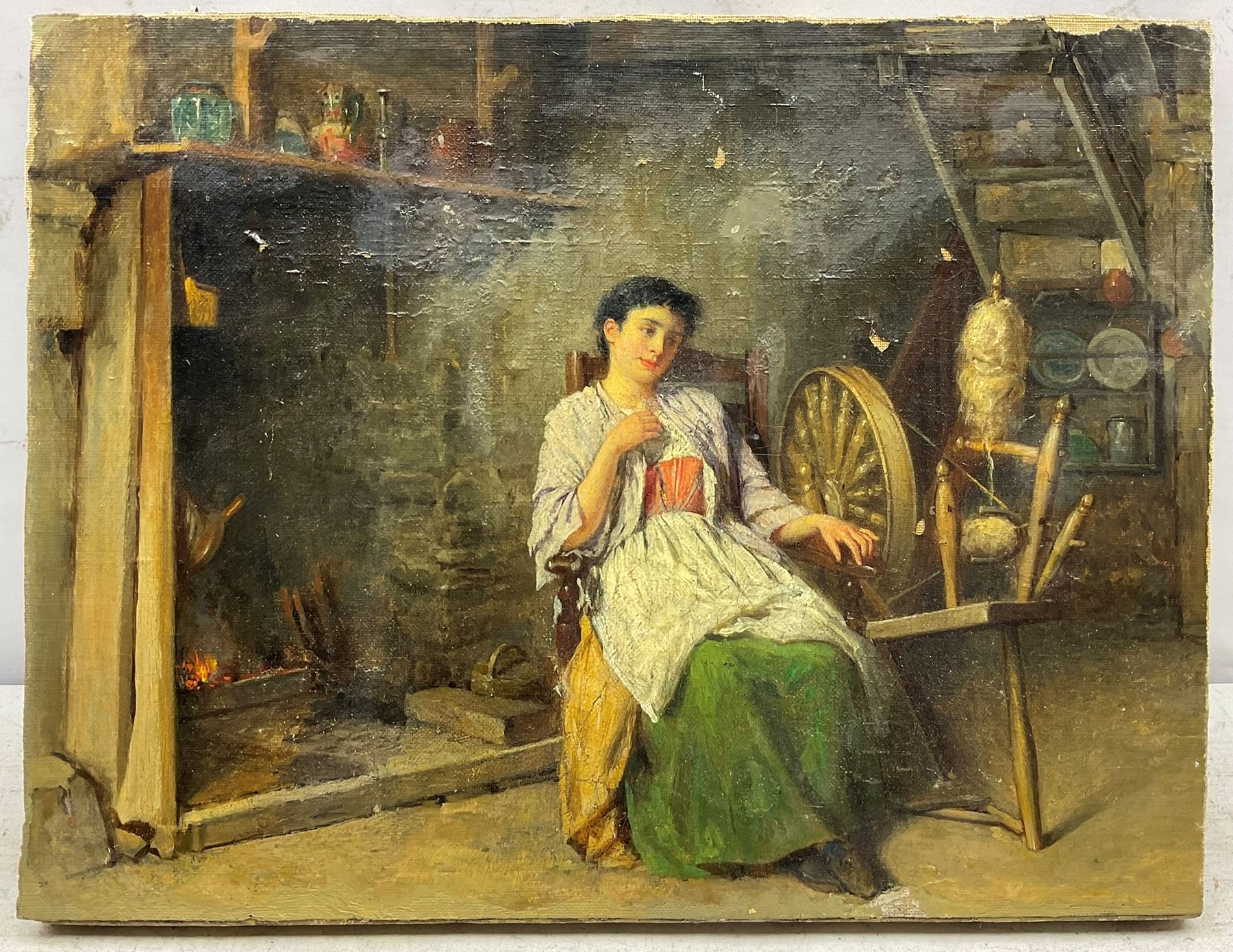 English School (19th century): Girl at a Spinning Wheel, oil on canvas unsigned 33cm x 44cm (unframed)