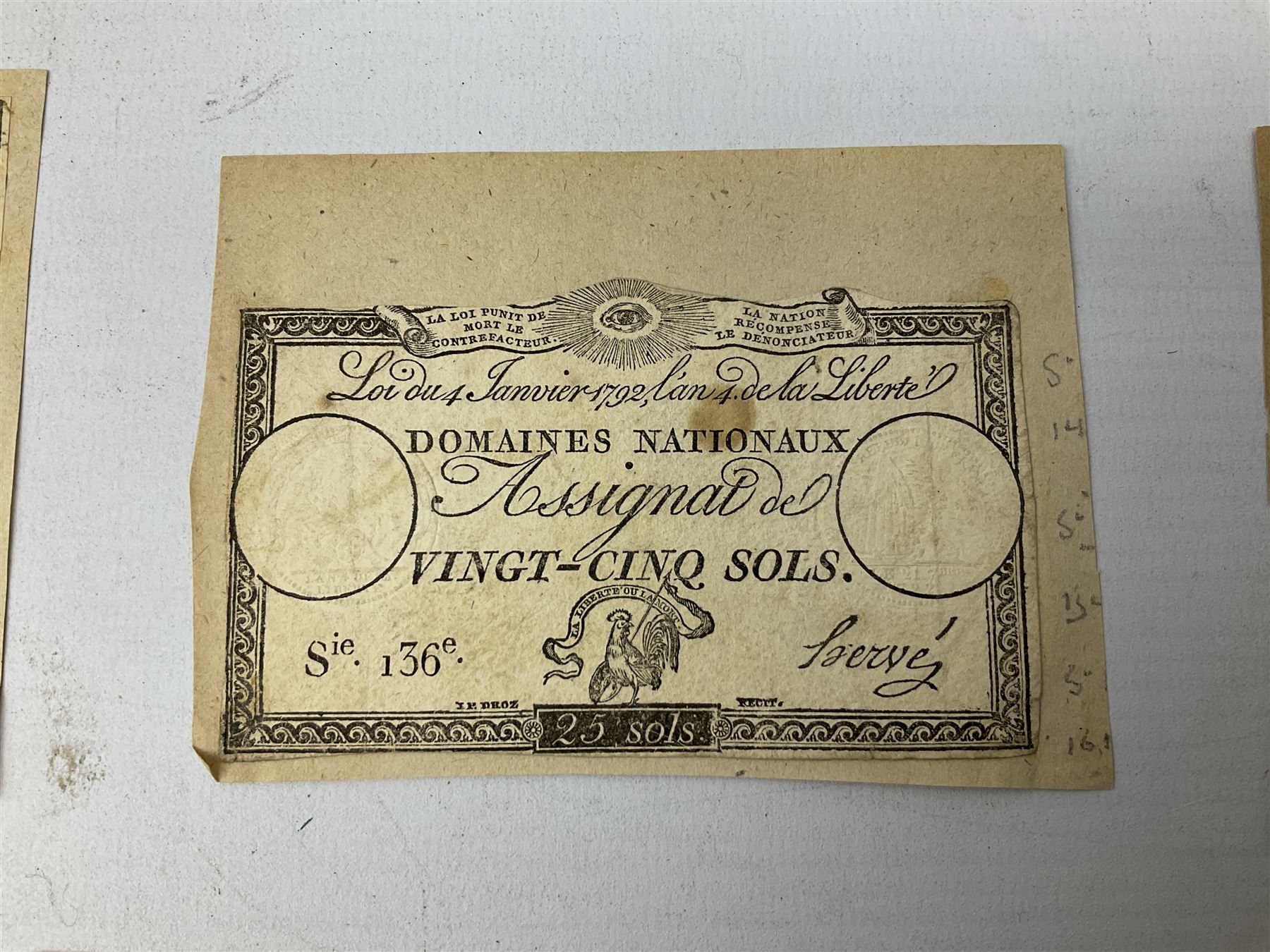 Five French Revolutionary period assignat notes (notes of this type were issued between 1789 and 1796), each mounted on paper