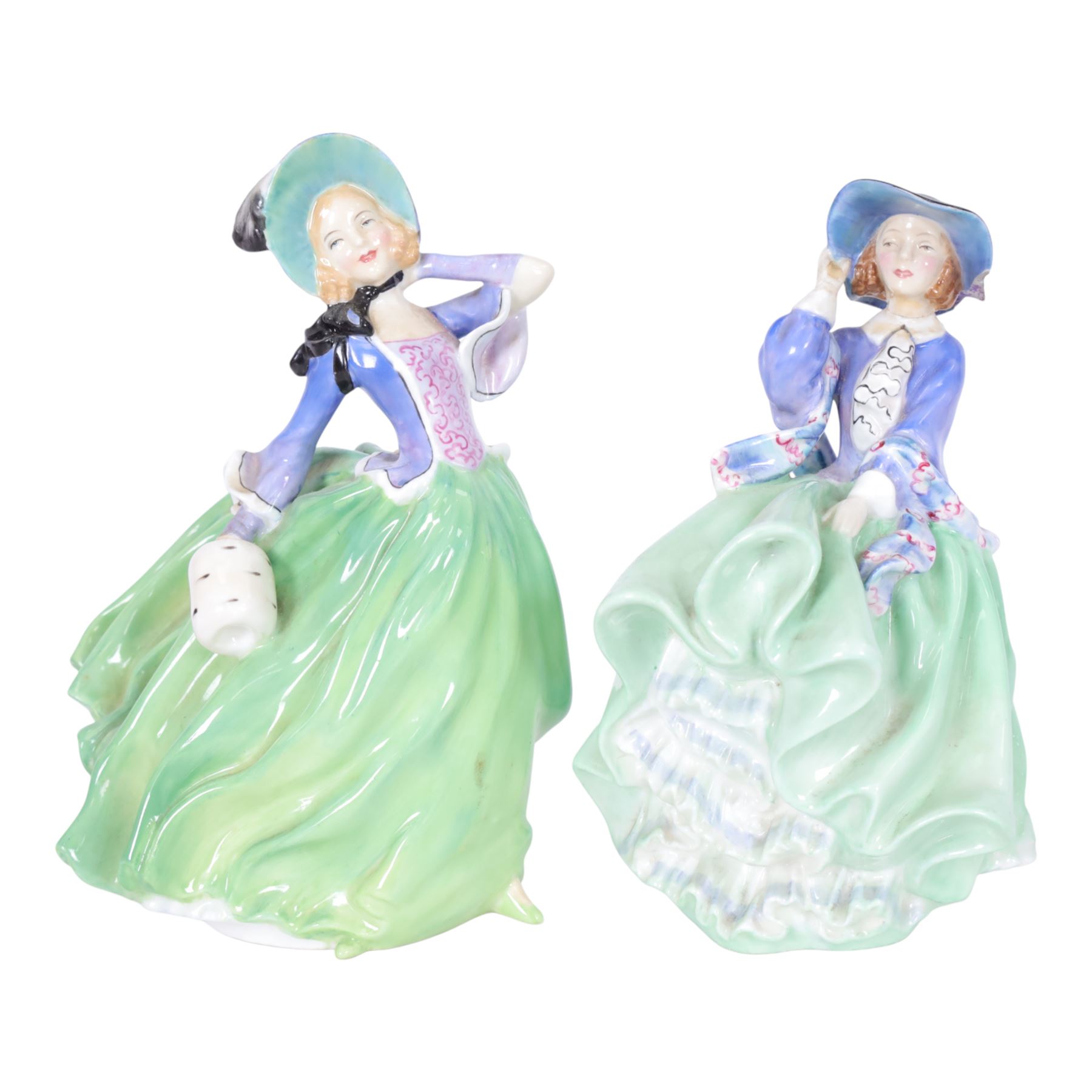 Six Royal Doulton figures, comprising Victorian Lady HN728, Top of the Hill in two colourways, HN1833 HN1849 and Autumn Breeze in three colourways HN1913, HN2131 and HN3736