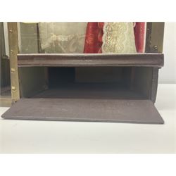 Early 20th century scratch-built wooden hat & gown shop diorama 'Joan', of double-fronted form glazed on three sides with brass and aluminium mounts, rear access apertures and storage under L63cm H45cm D31cm; with small collection of dresses and hats on display stands
