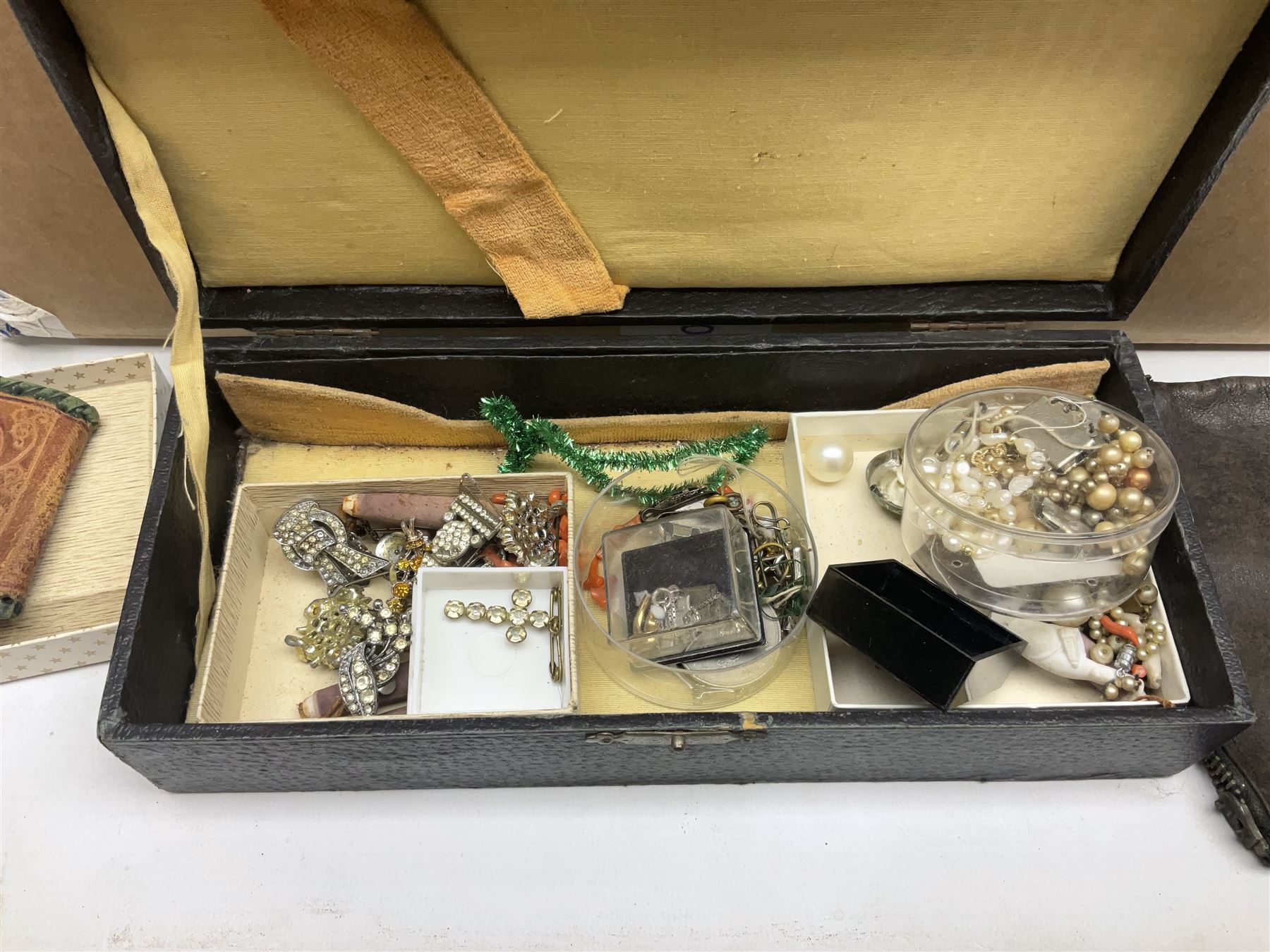 Clear glass demijohn / carboy, four wine bottles with wicker baskets, W T Avery & Co scales, Singer sewing machine, quantity of costume jewellery, trophy stand with silver-plate shields, quantity of vinyl records, stamps etc