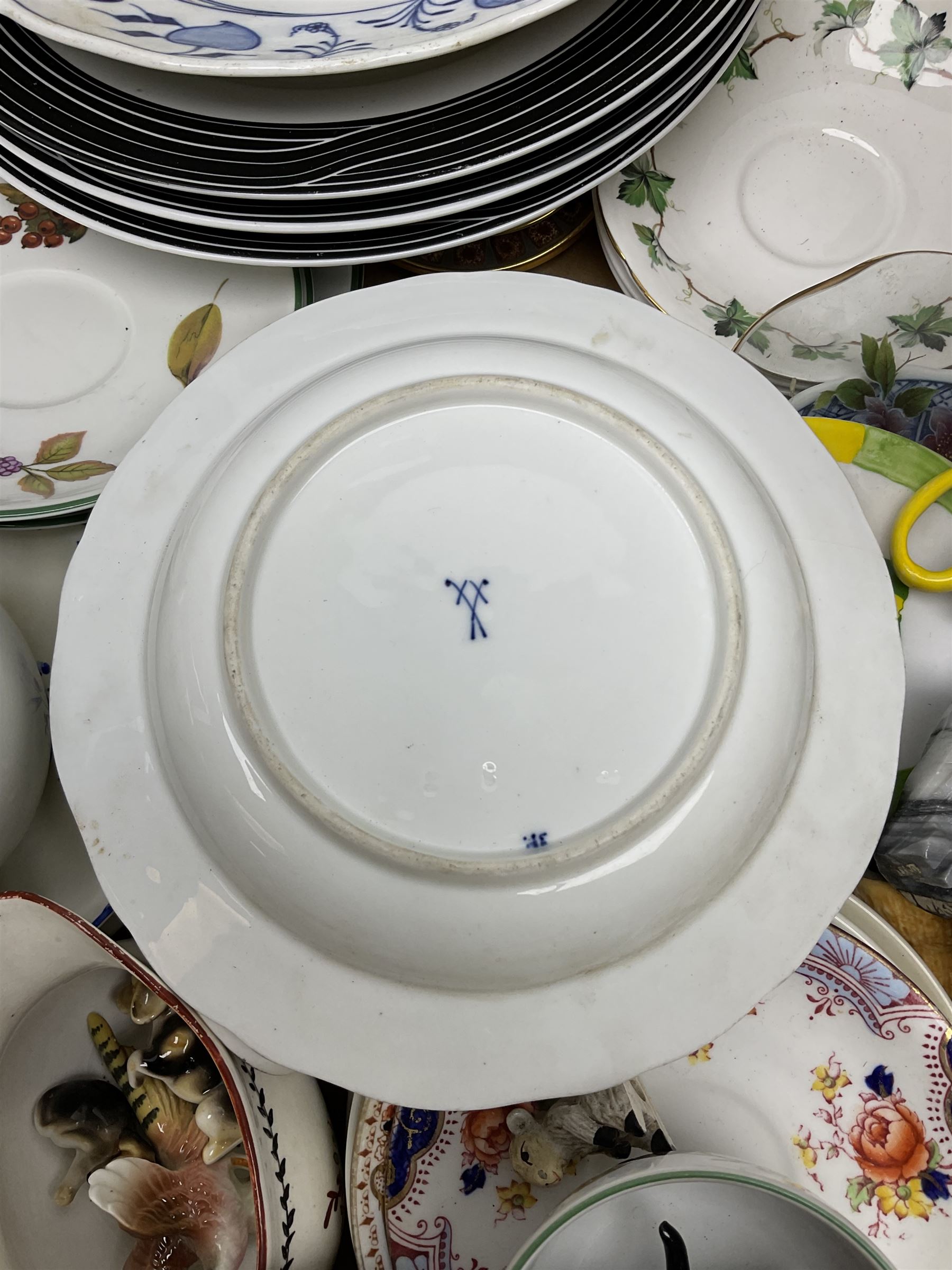 Collection of ceramics in four boxes to include two Meissen onion pattern blue and white plates, each with blue painted crossed swords mark to base,  Hornsea Fauna, West German plate etc