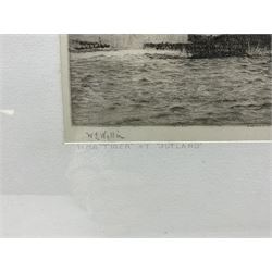 William Lionel Wyllie (British 1851-1931): 'HMS Tiger at Jutland', drypoint etching signed in pencil, titled on the mount 19cm x 44cm 
Notes: this picture depicts the British warships Tiger, Princess Royal, Lion, Warrior, and Defence in action at the Battle of Jutland on 31st May 1916, shortly before the Defence was sunk.
