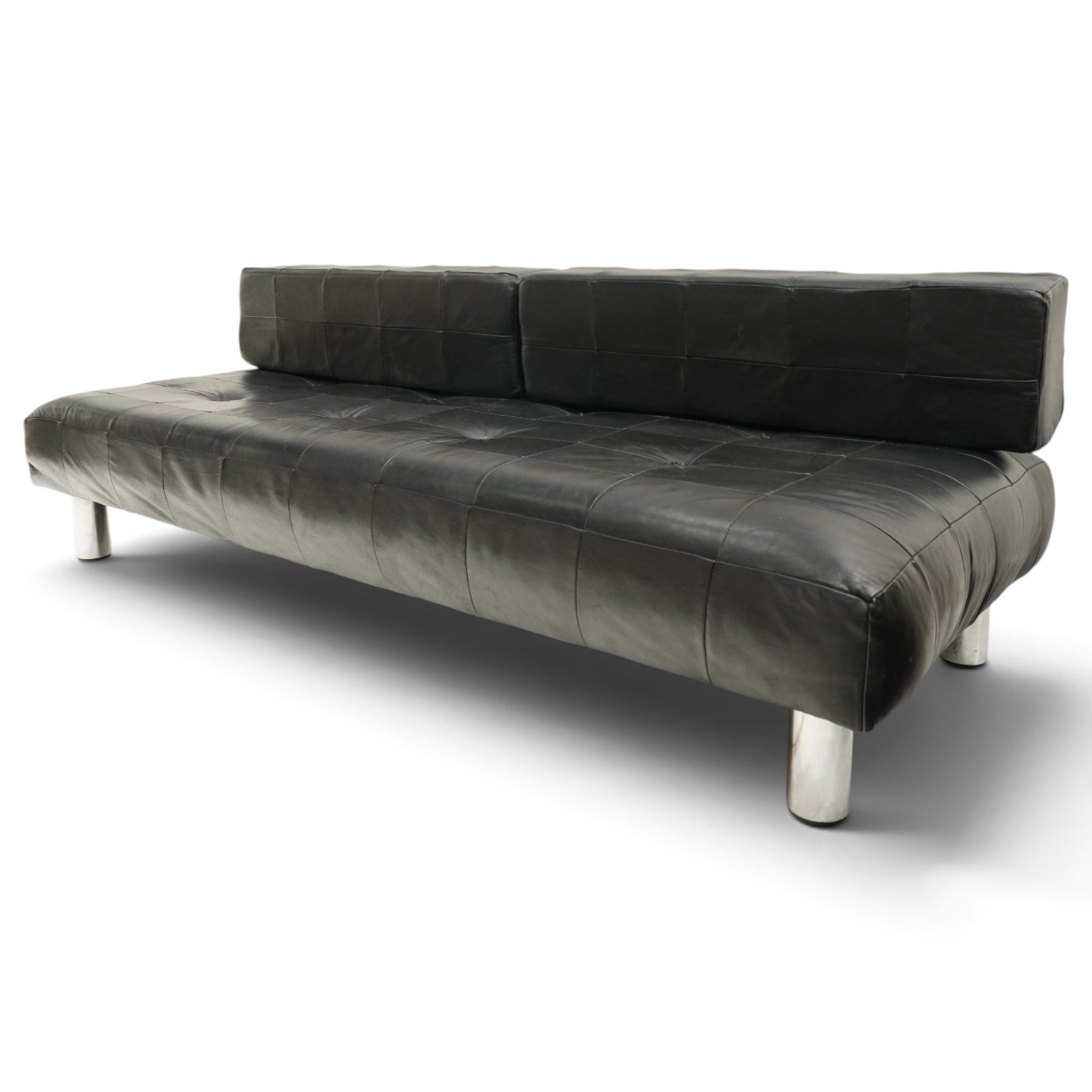 De Sede - 1970s 'DS 80' black leather modular settee or daybed, low upholstered bacl with loose rectangular back cushions over padded seat, raised on tubular chrome supports