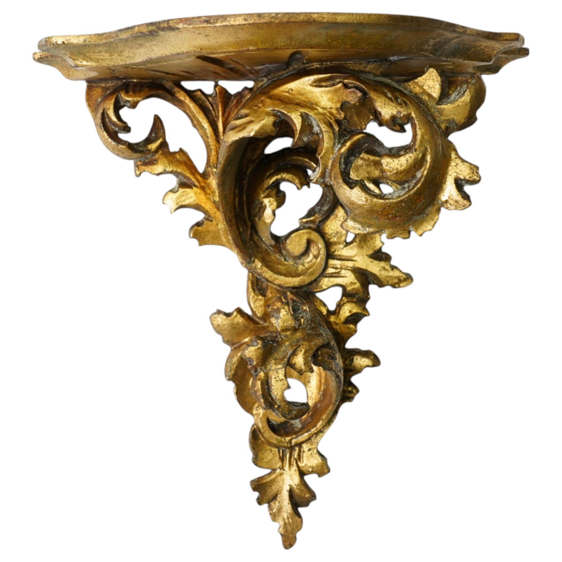   Giltwood and gesso wall bracket of leaf design with serpentine shelf W31cm and a smaller similar bracket W22cm (2)