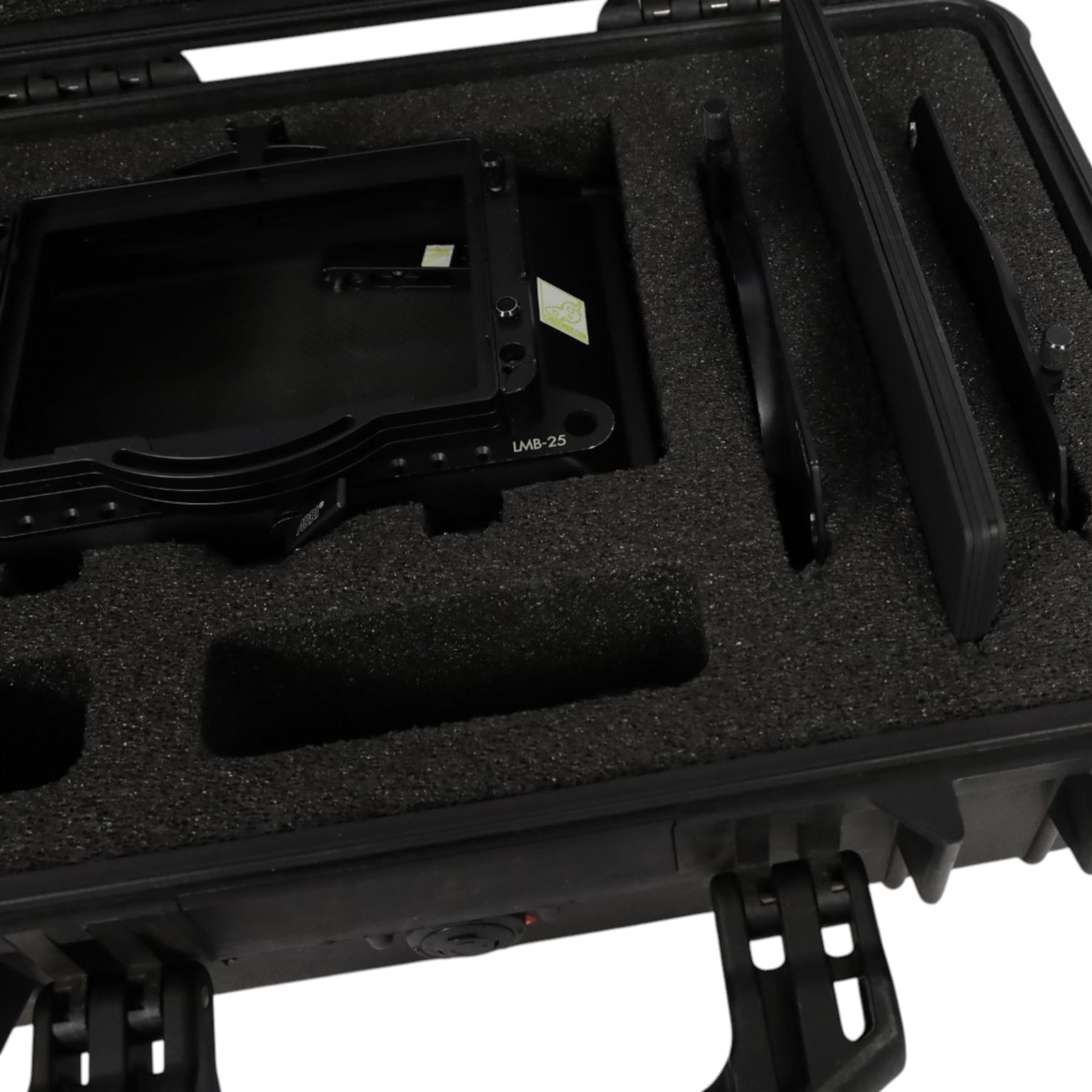Arri LMB-25 kit comprising LMB-25 Matte Box with three filter stages, one top light shield, two clamp-on adapters one 87mm and one 110mm and five masks, in a custom cut Peli 1500 case