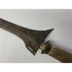 Malayan Kris dagger, the 31.5cm double edged straight heavy damascus blade with copper ferrule; carved hardwood grip; in large wooden throated scabbard with floral decorated white metal covering L47.5cm overall; a kris blade with adapted antler grip; and five various small daggers/letter openers (7)